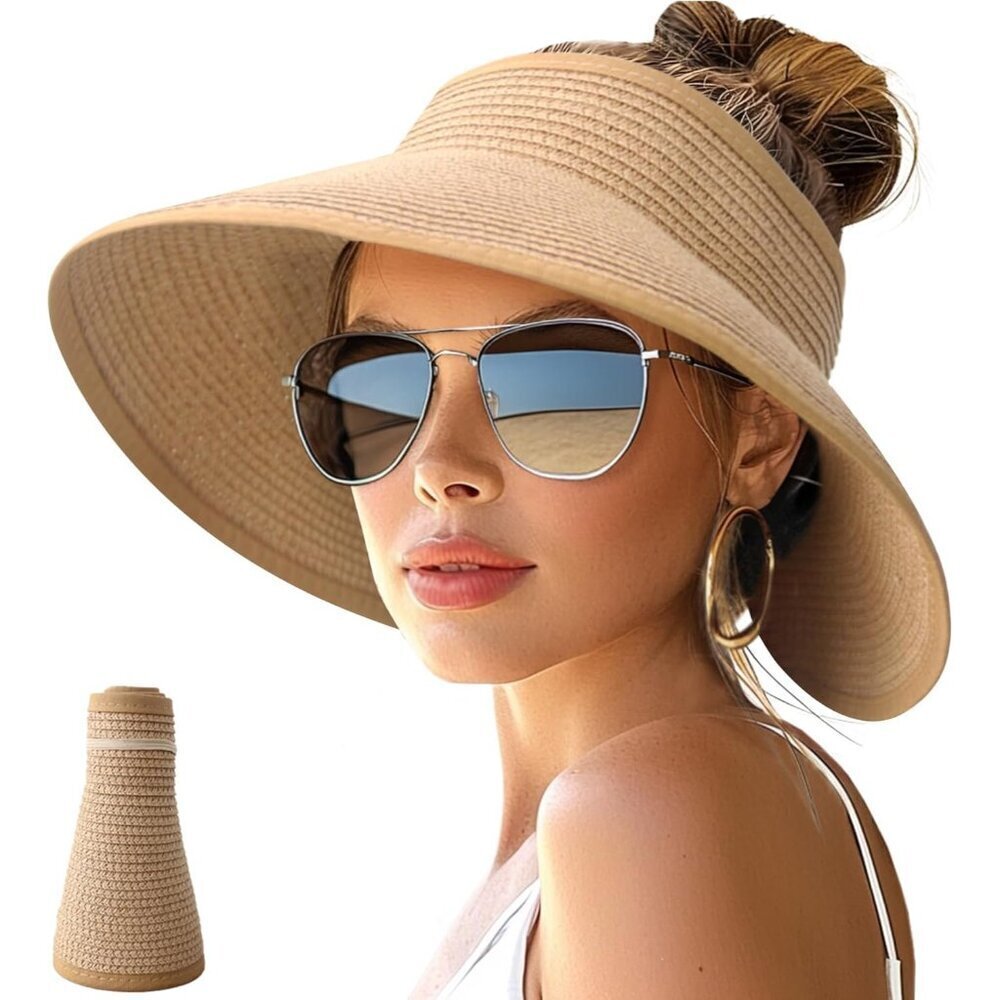 Women’s Wide Brim Foldable Sun Hat Straw Packable Beach Visor Garden UV